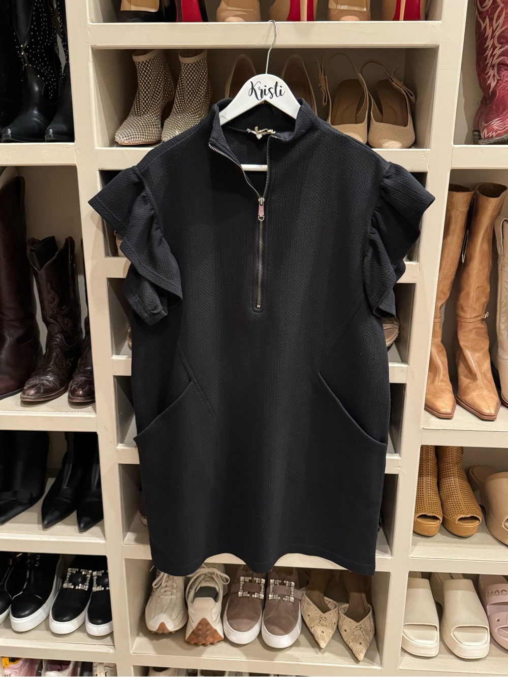 entro Black Ruffle-Sleeve Zip-Front Mini Dress